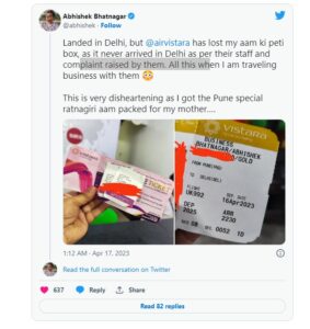Air Vistara ने पैसेंजर के रत्नागिरी आमों की पेटी घुमाई, यात्री ने ट्वीट कर दिखाया गुस्सा