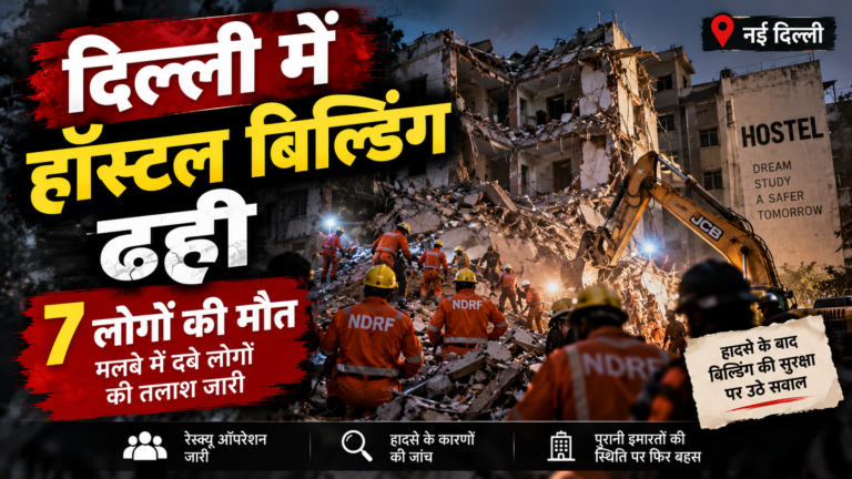 दिल्ली में हॉस्टल बिल्डिंग ढही: 7 लोगों की मौत, मलबे में दबे लोगों की तलाश जारी