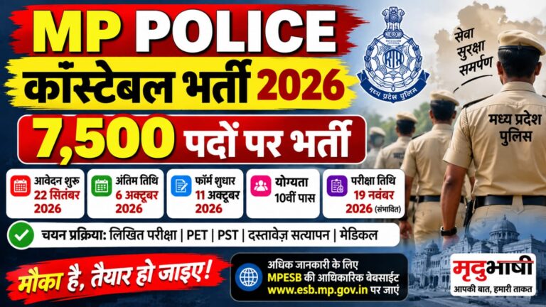 MP पुलिस कांस्टेबल भर्ती 2026: 7,500 पदों पर निकली भर्ती, 22 सितंबर से शुरू होंगे आवेदन