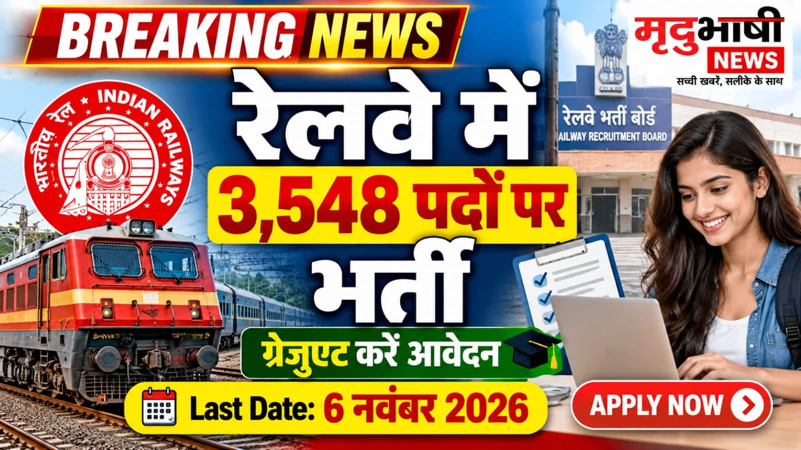 RB NTPC Recruitment 2026 के तहत रेलवे में 3,548 पदों पर भर्ती का थंबनेल, जिसमें भारतीय रेलवे इंजन, RRB भवन और आवेदन करती अभ्यर्थी दिखाई दे रही है।